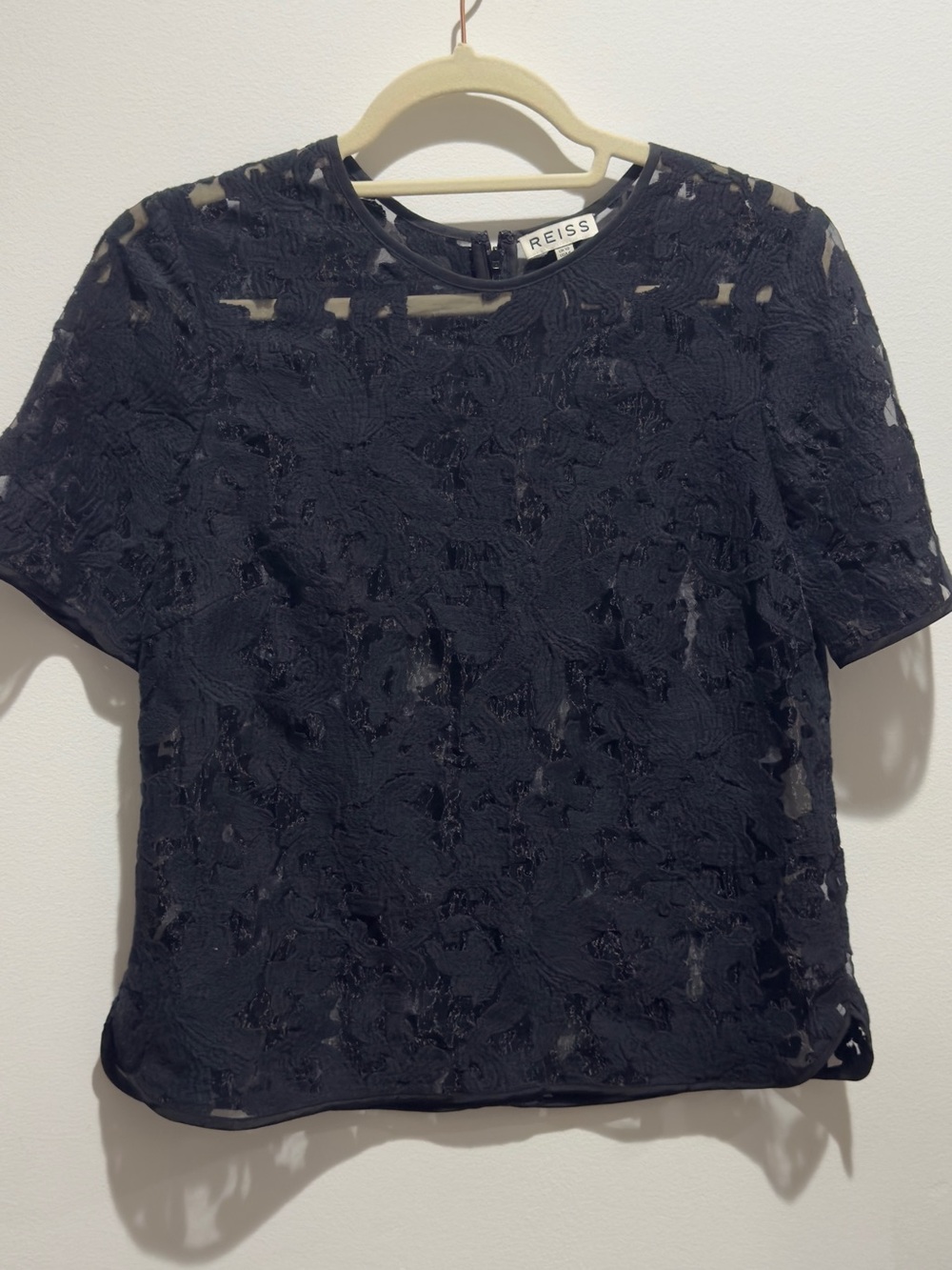 REISS Black Textured Lace Sheer Short Sleeve Blouse Top Elegant Evening